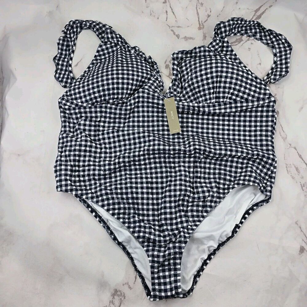 J Crew Swim 24 3X Blue Gingham One Piece V Neck Bikini Seersucker Ruffle BE754